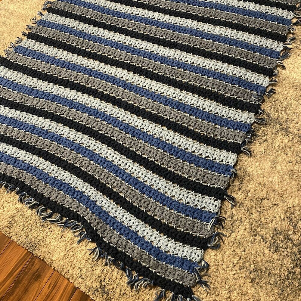 Vintage Handmade Crochet Striped Blue Afghan Throw Blanket With Tassels 72X58 - Picture 3 of 4